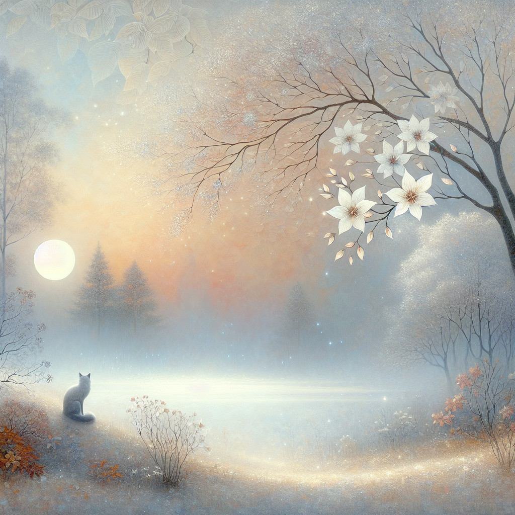 Serene Winter Landscape with Misty Lake and Cat