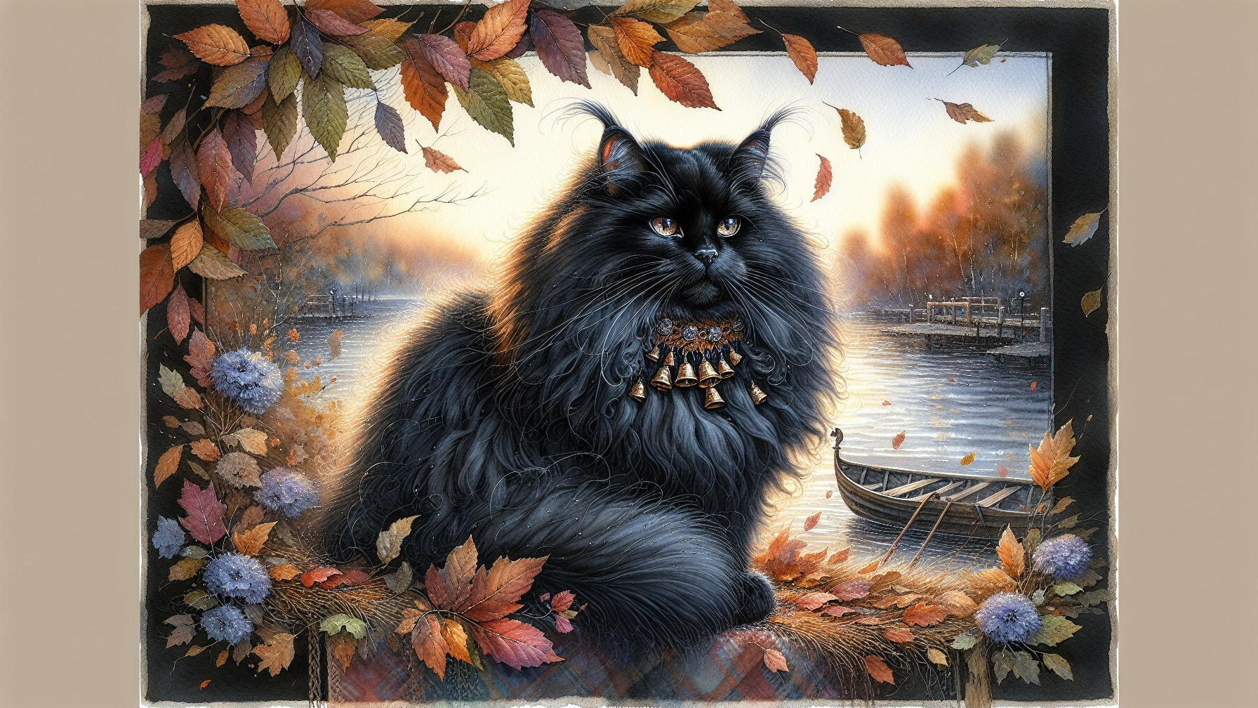 Majestic black cat by serene lake in autumn setting