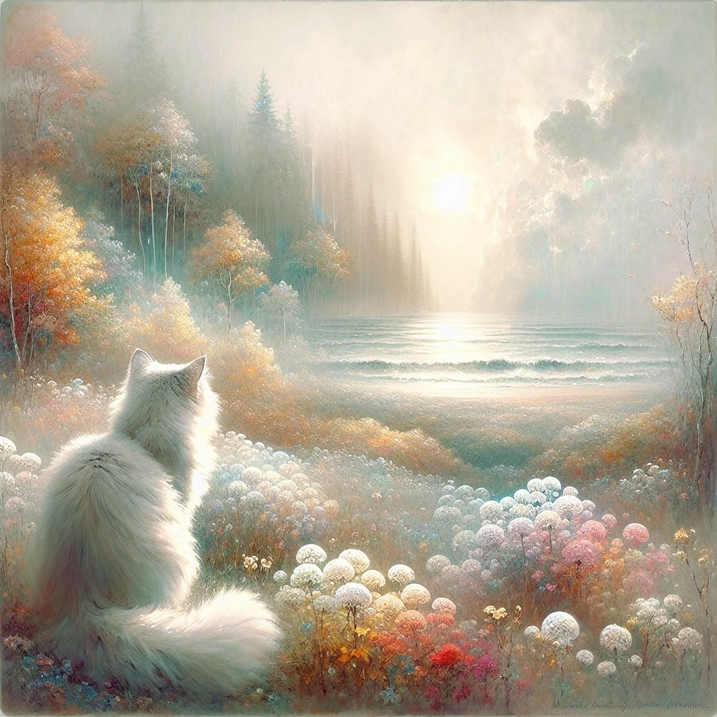 Serene Landscape with Cat by Tranquil Lake and Flowers