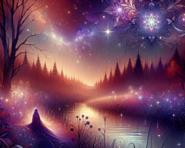 Mystical Night Forest with Bare Tree and Cloaked Figure