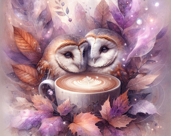 Barn owls nuzzle among autumn leaves and latte art