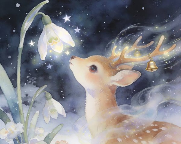 Whimsical Digital Painting of a Deer and Flower