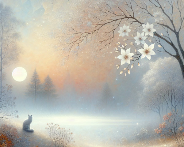 Serene Winter Landscape with Misty Lake and Cat