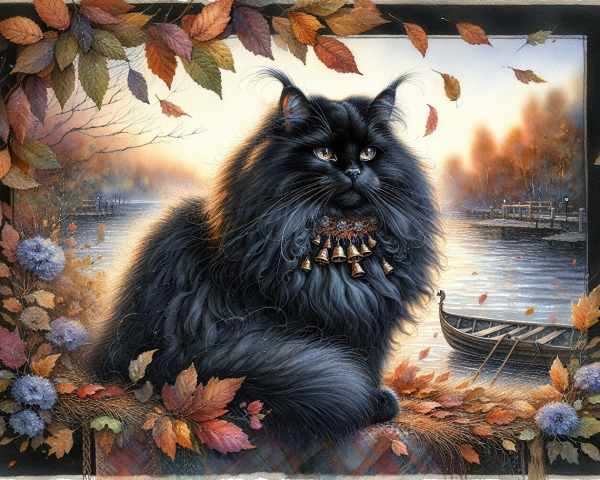 Majestic black cat by serene lake in autumn setting