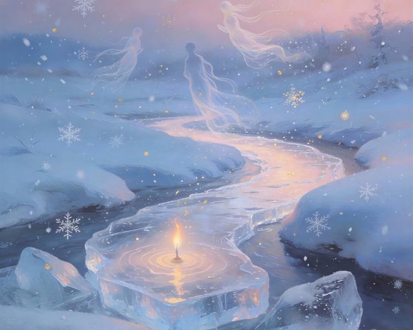 Fantasy Winter Riverbed with Ethereal Spirits at Night