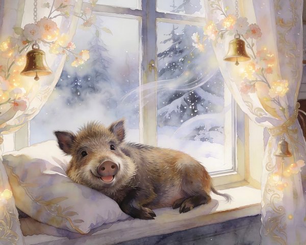 Domestic pig resting on a pillow by a snowy window