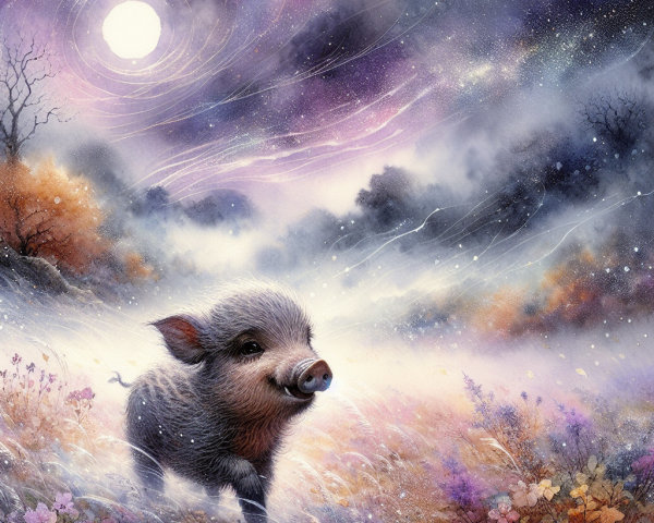 Young Piglet in Misty Landscape Under Starlit Sky