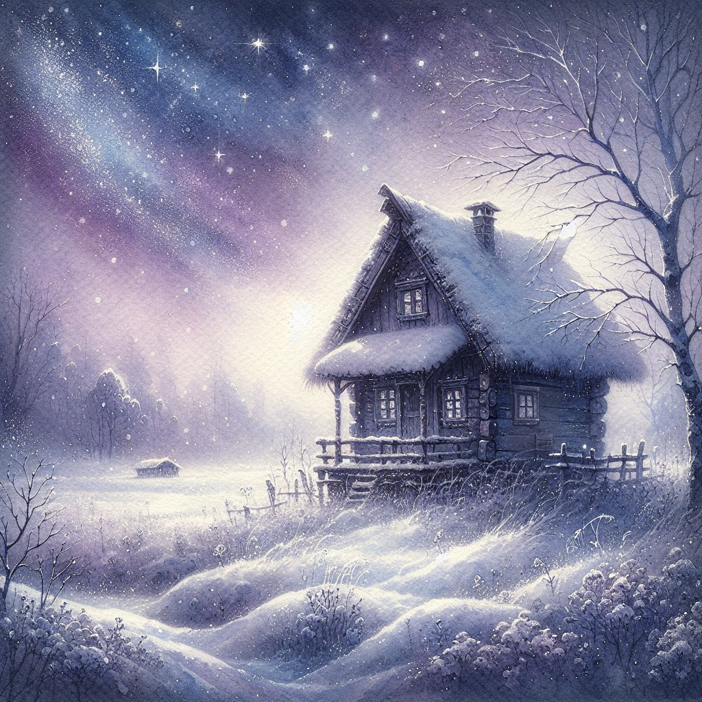 Wooden Cabin in Snowy Landscape Under Starry Sky