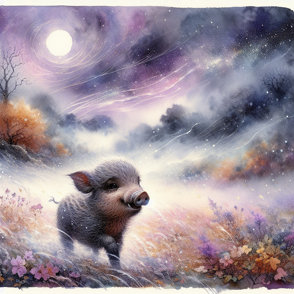 Young Piglet in Misty Landscape Under Starlit Sky
