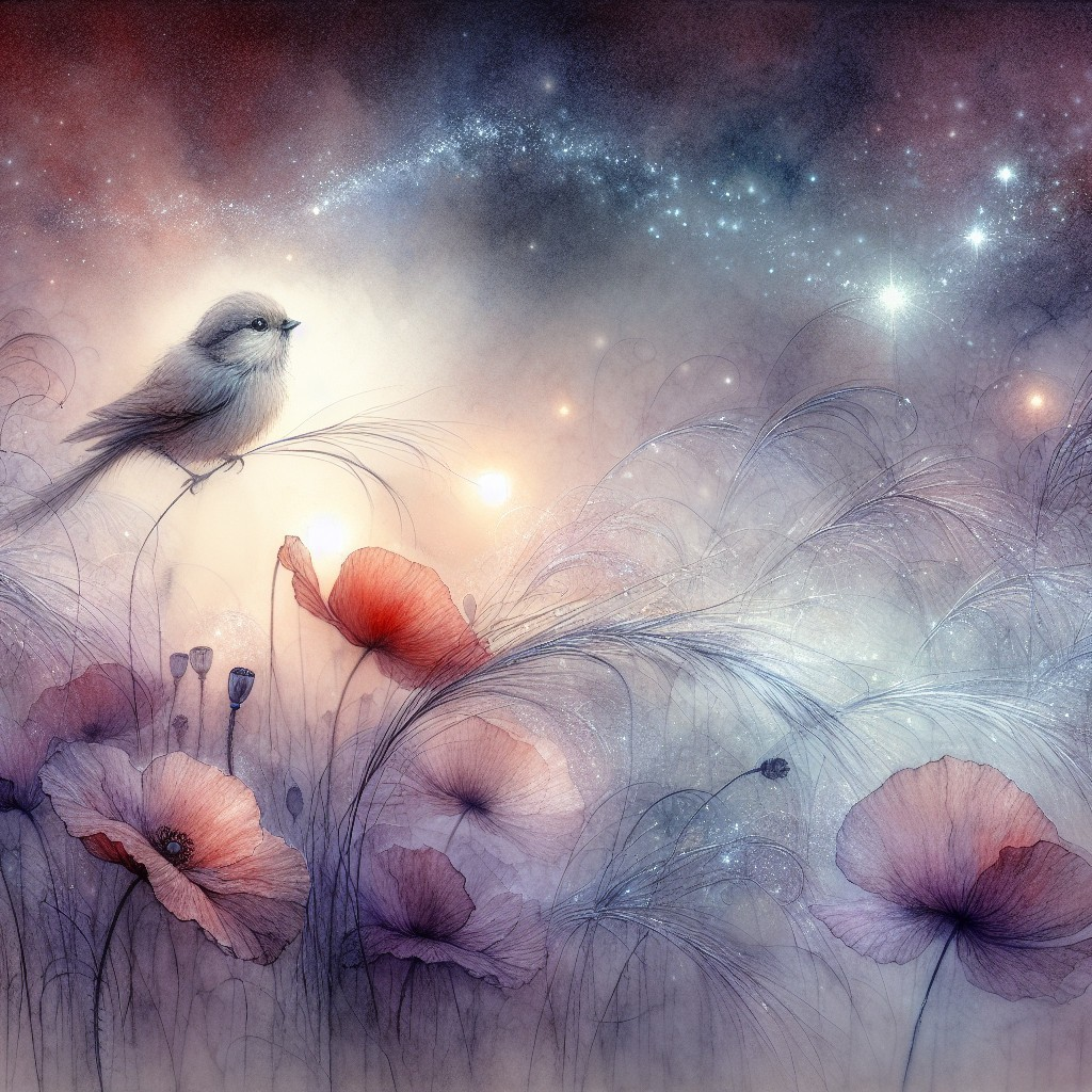 Bird Among Ethereal Flowers in Cosmic Background