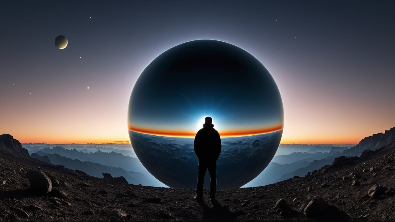 Silhouetted Figure Against Dark Orb and Twilight Sky