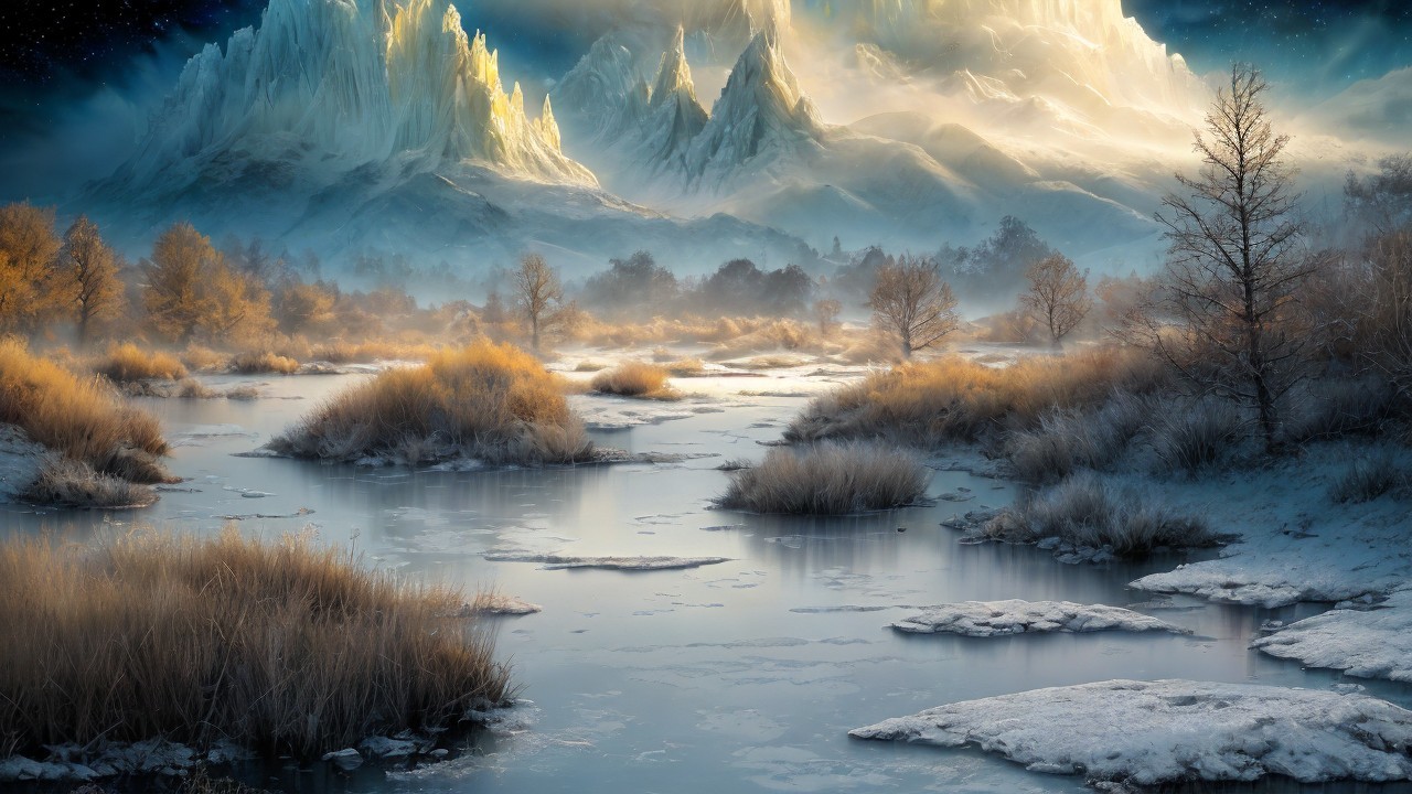 Serene Winter Landscape with Frosty River and Mountains