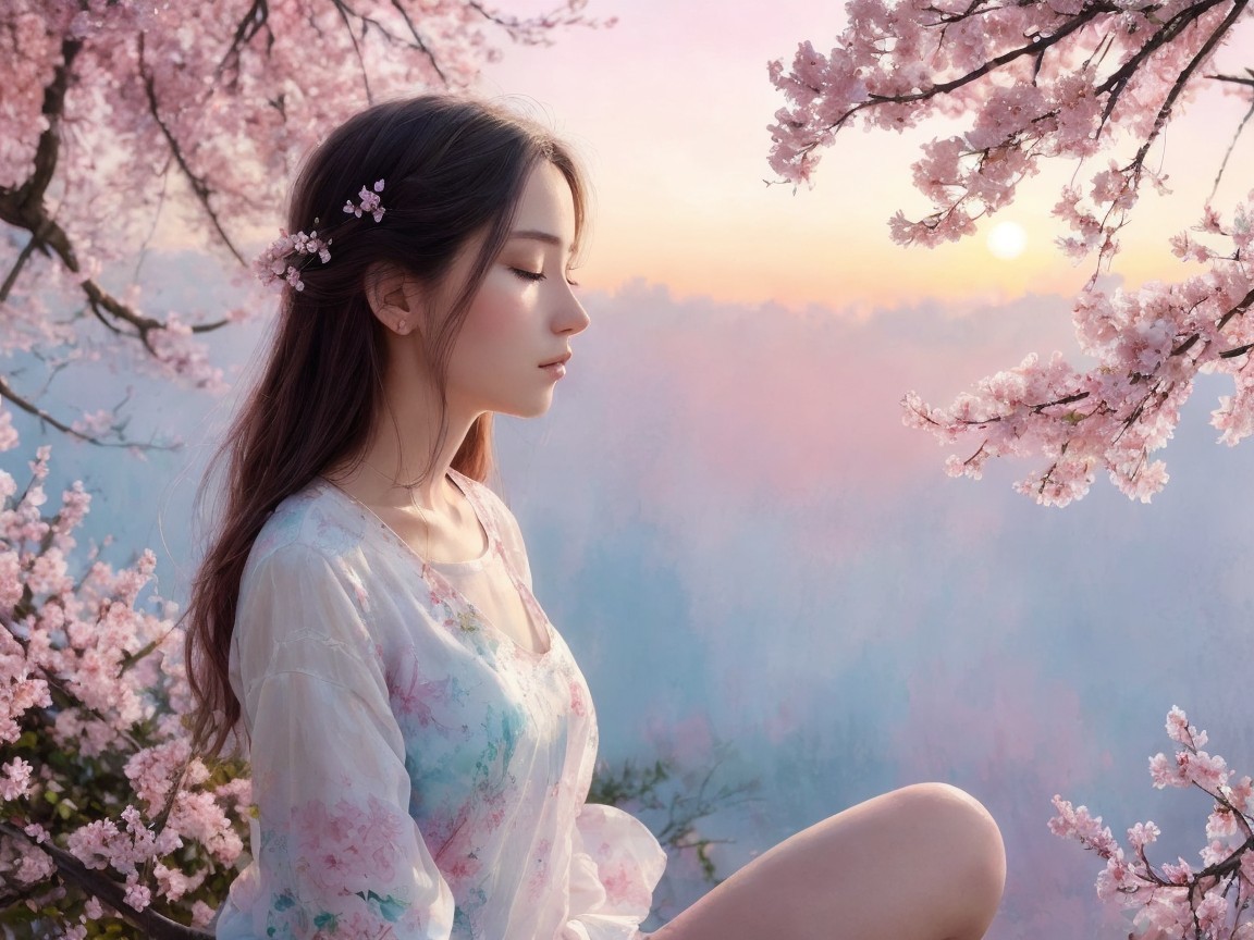 Serene Woman Surrounded by Blooming Cherry Blossoms