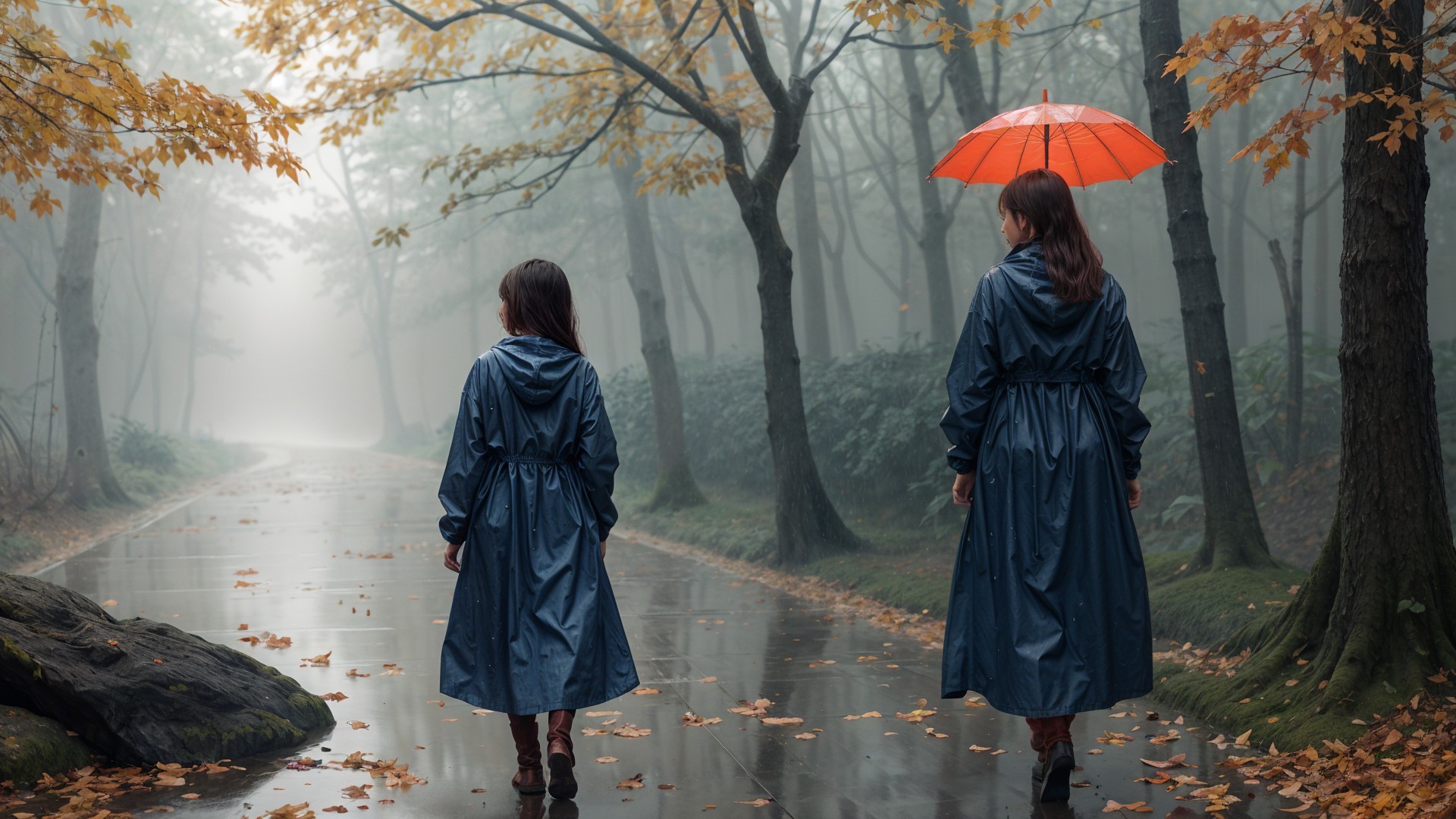 Figures in Blue Raincoats on Misty Autumn Path