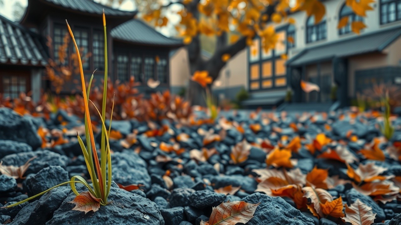 Vibrant Autumn Leaves on Rocky Landscape with Architecture