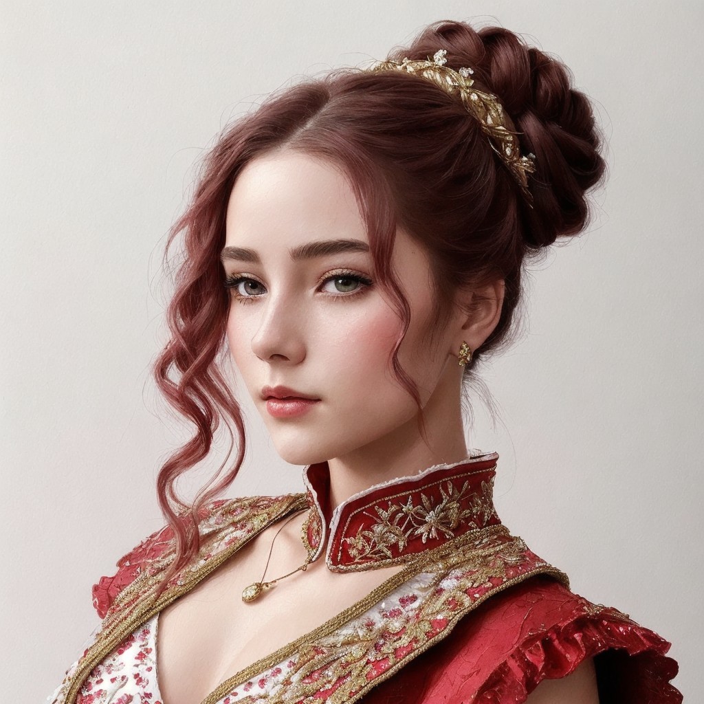 Young woman in red gown with elegant features