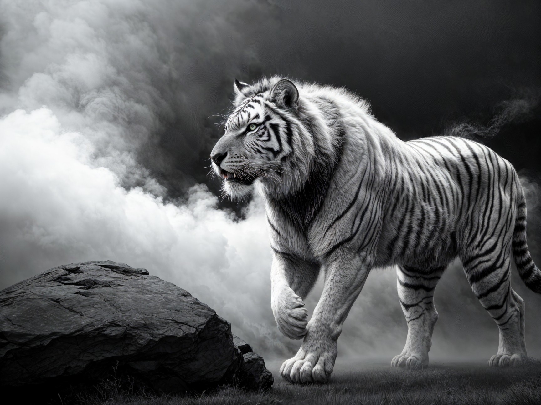 Majestic White Tiger in a Misty Landscape
