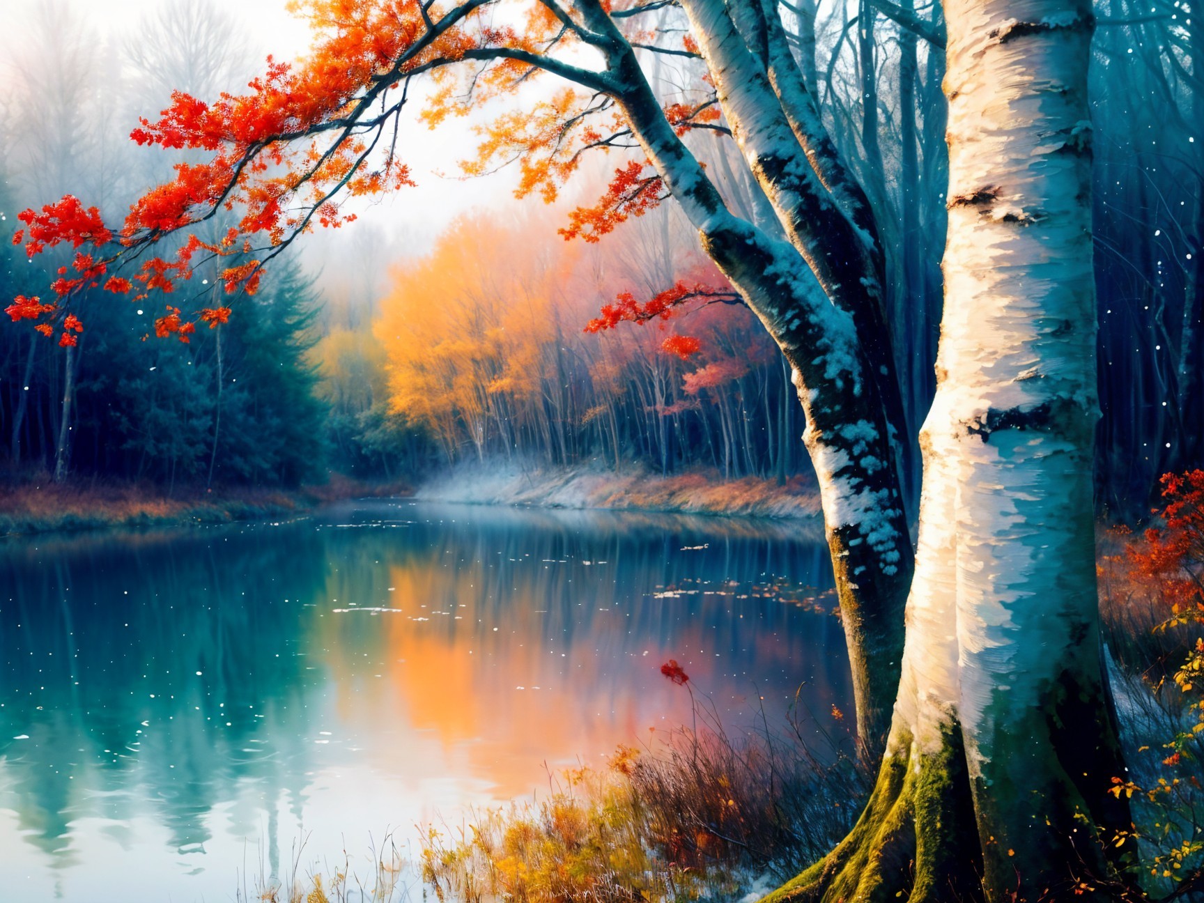Serene Autumn Landscape with River and Misty Trees
