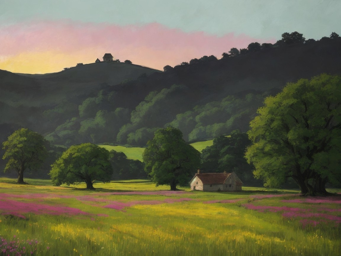 Serene Countryside Landscape with Rolling Hills and Cottage