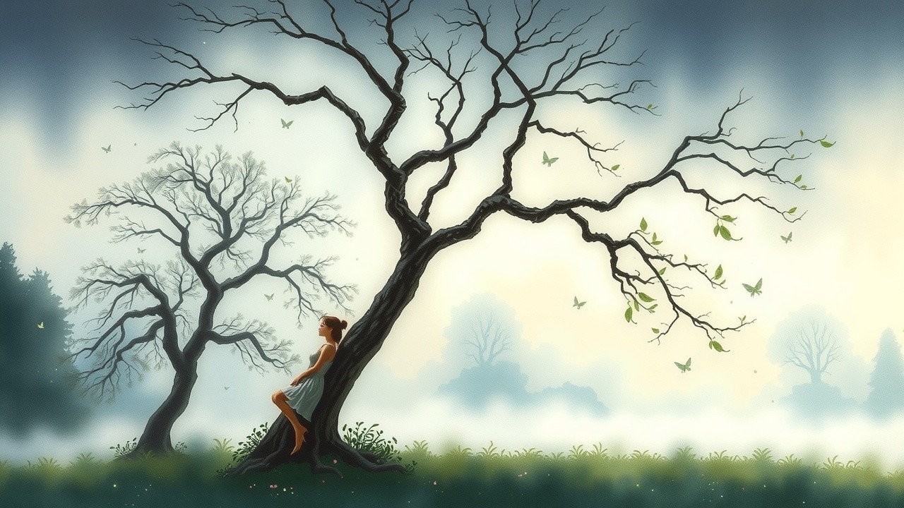 Solitary Woman by Leafless Trees in Misty Setting