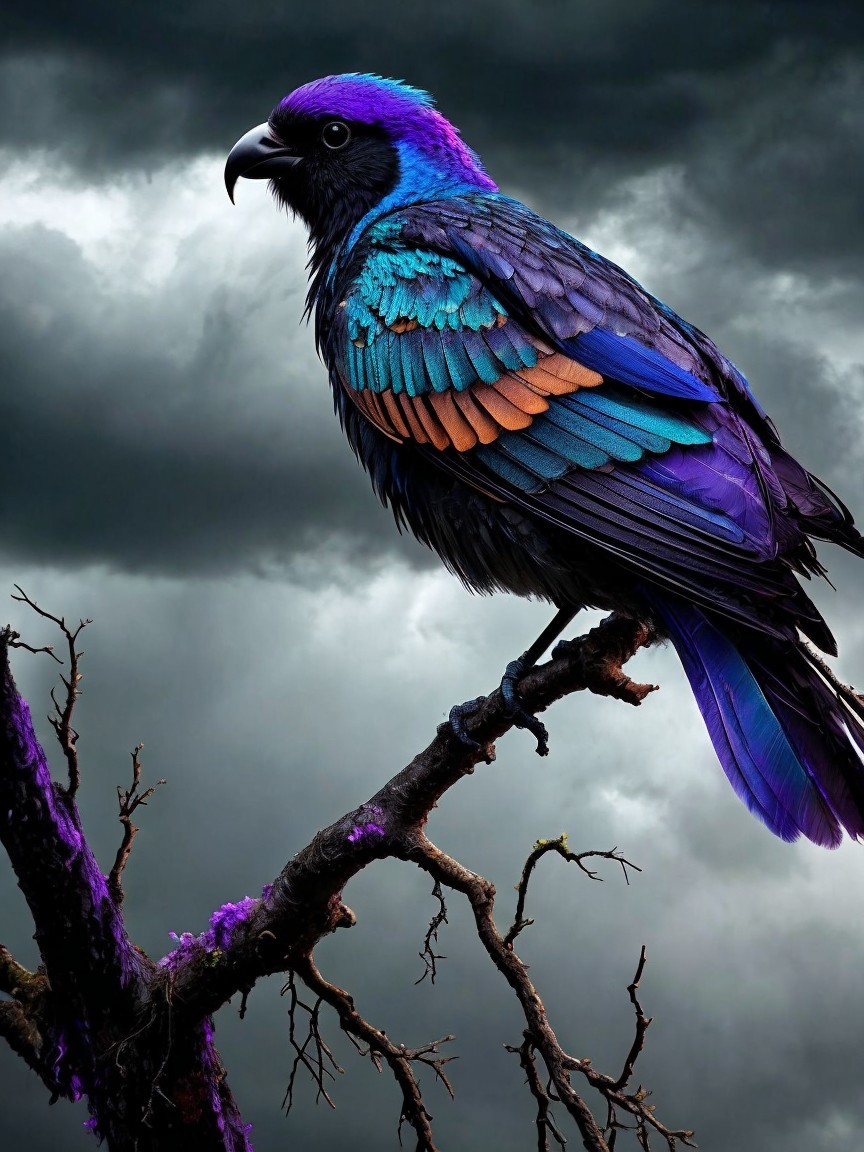Bird on Gnarled Branch with Stormy Cloud Background