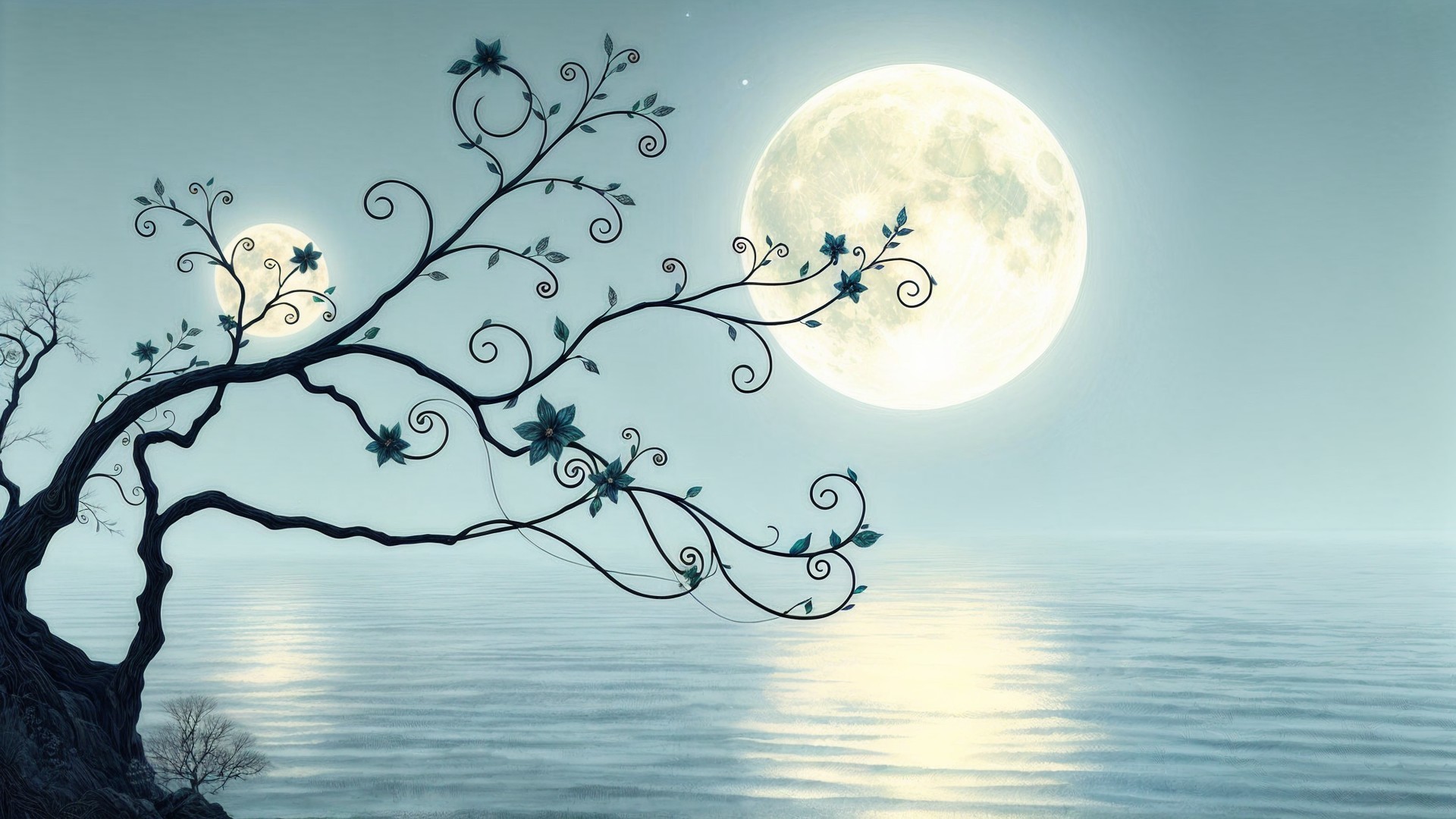 Serene landscape with twisted tree and two moons