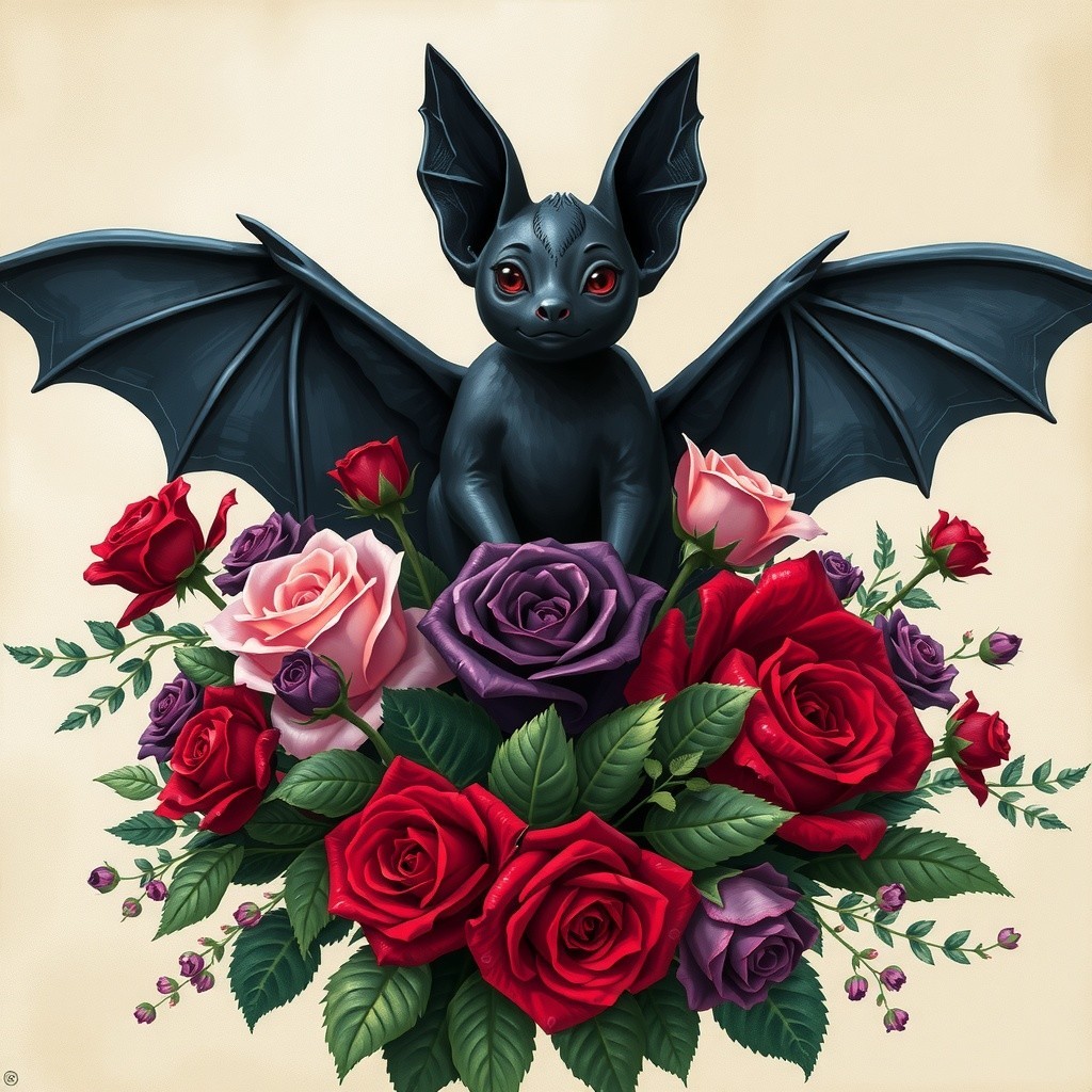 Black Bat on Colorful Rose Bouquet Composition