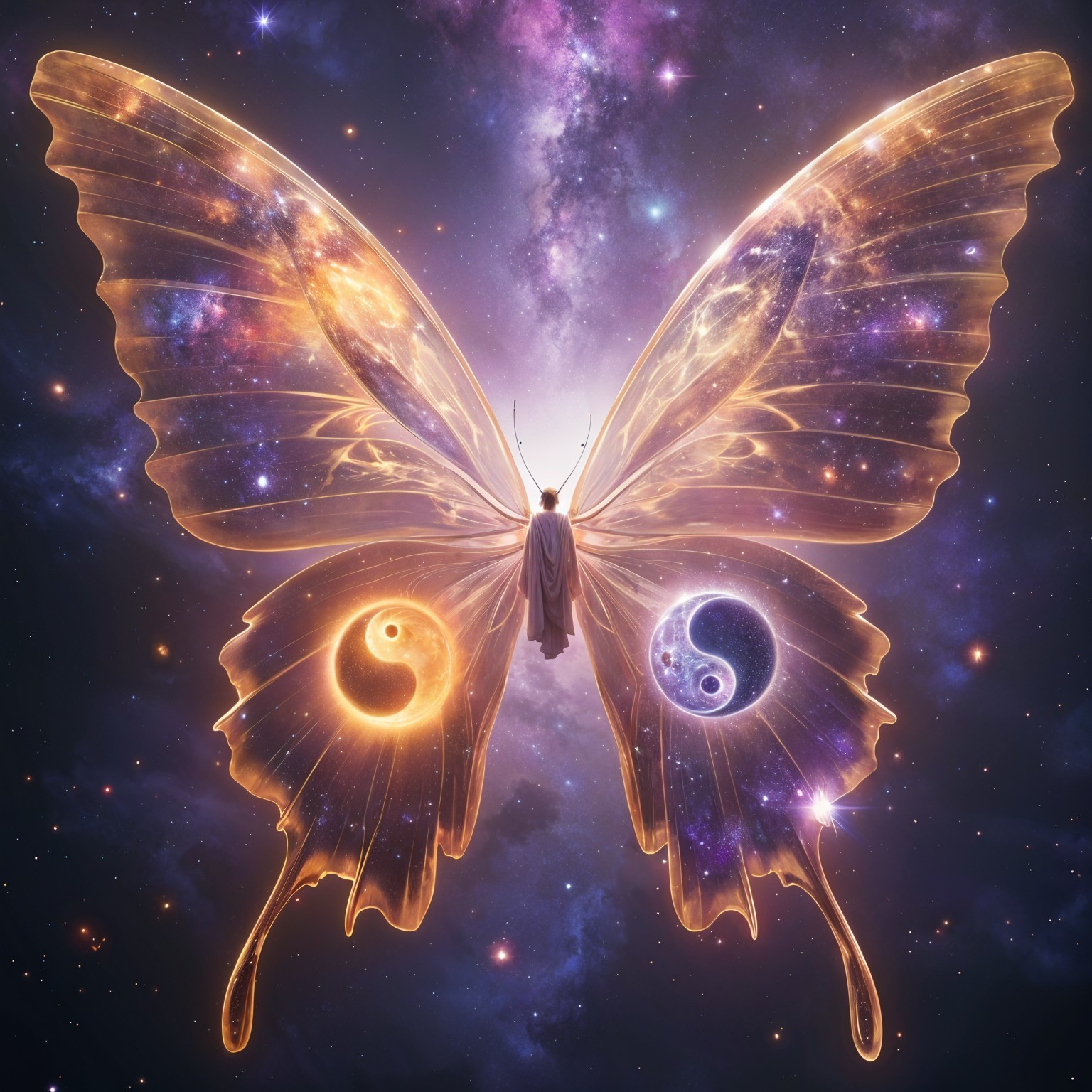 Celestial Butterfly with Yin Yang Symbols in Cosmic Scene