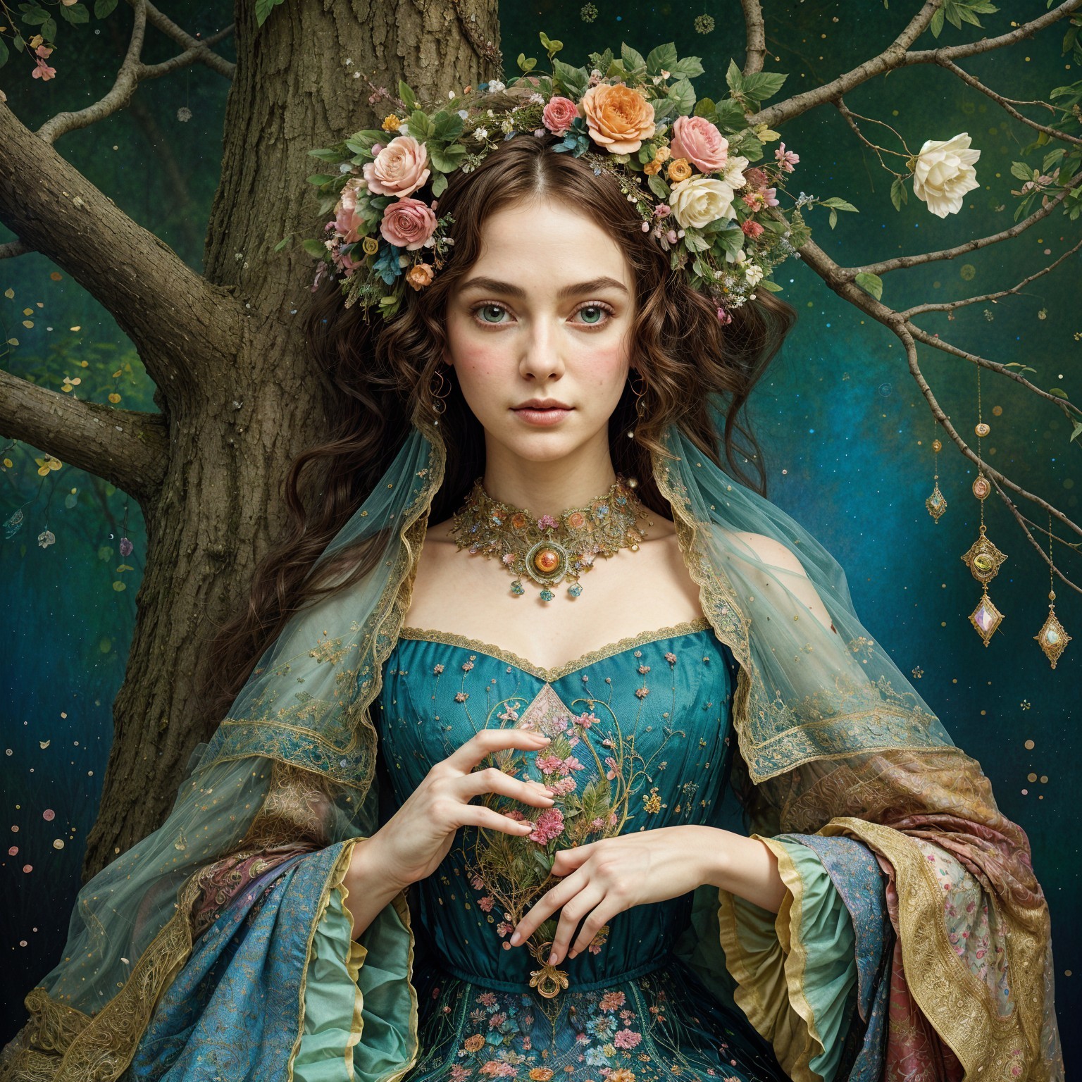 Vintage Gown and Floral Crown in Fairy-Tale Setting