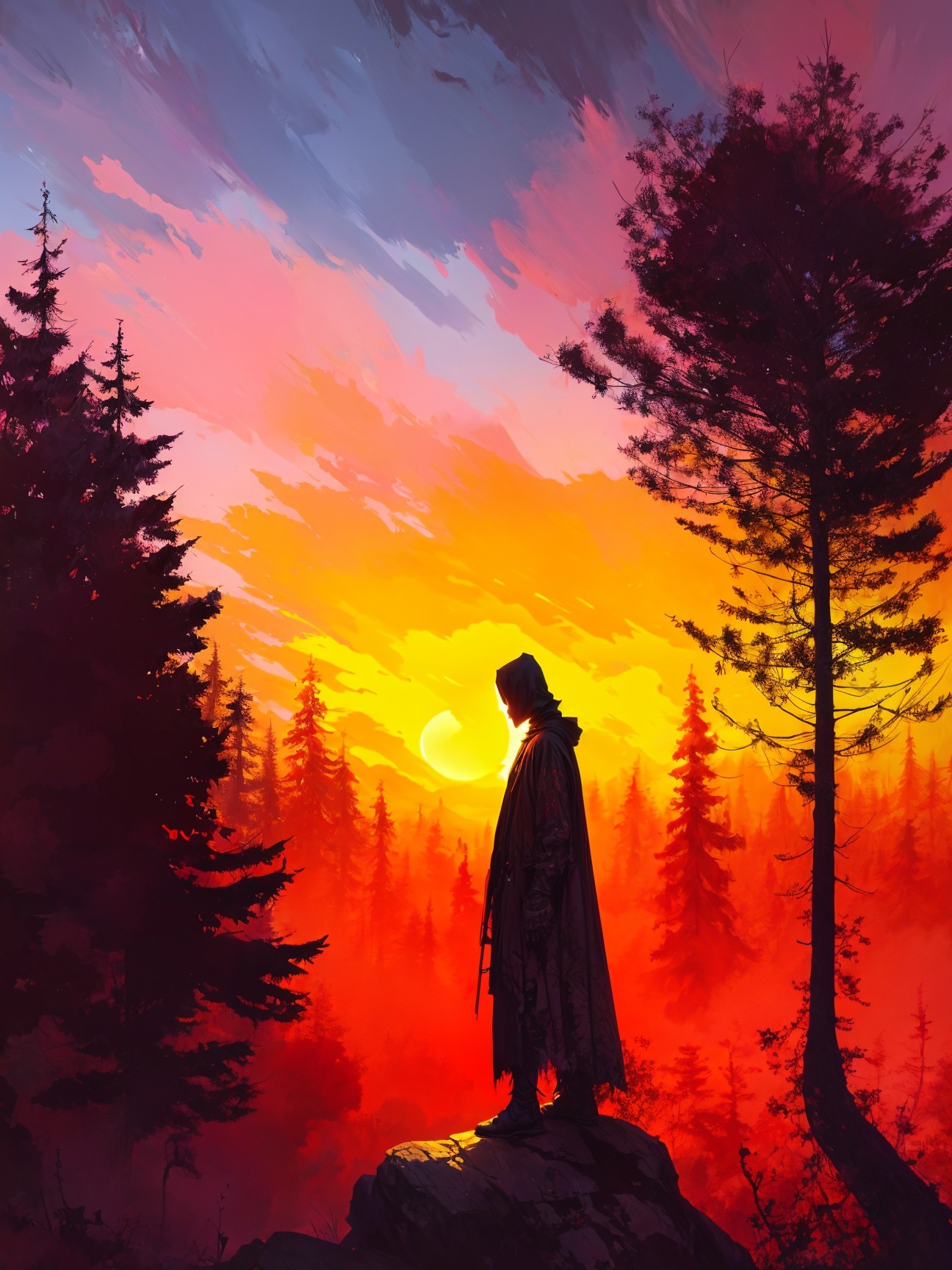 Solitary Figure on Rocky Outcrop at Sunset