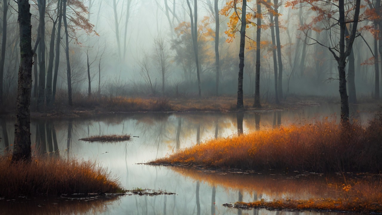 Misty Dawn Forest Scene with Reflective Pond