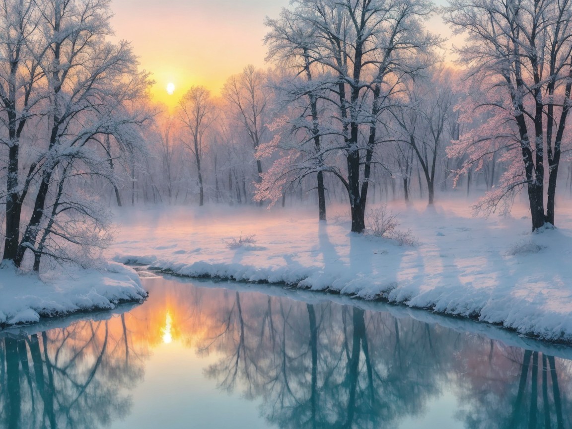 Serene Winter Landscape with Tranquil River at Dawn