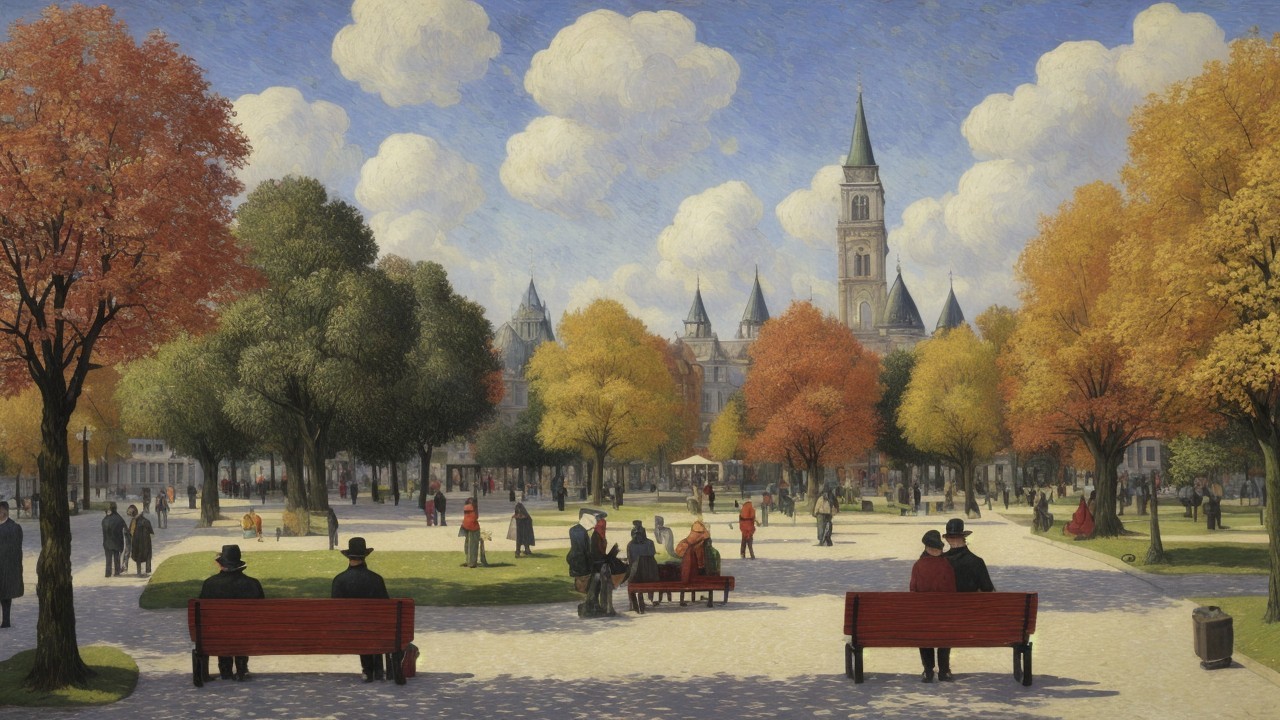 Autumn Park Scene with Trees and Clock Tower