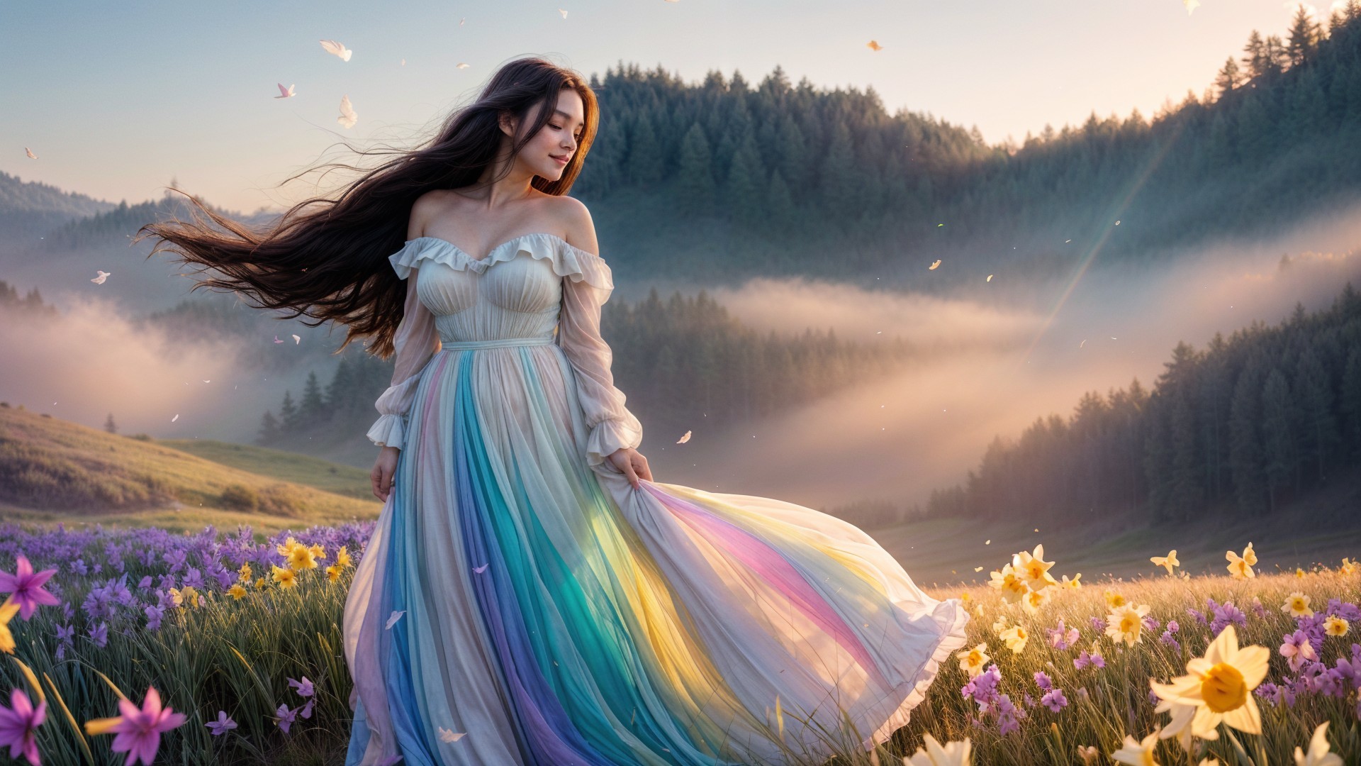 Young Woman in Multi-Colored Gown in Vibrant Meadow