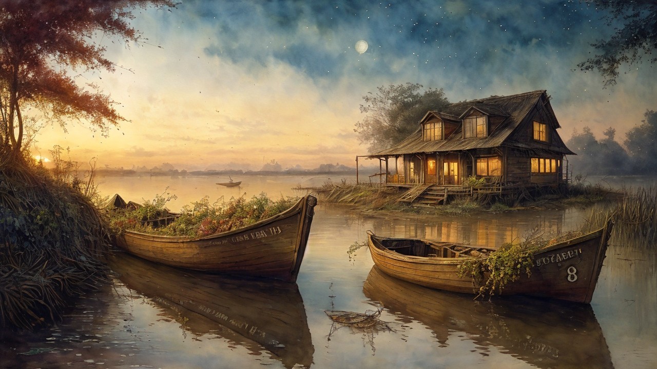 Twilight Waterscape with Boats and Wooden House
