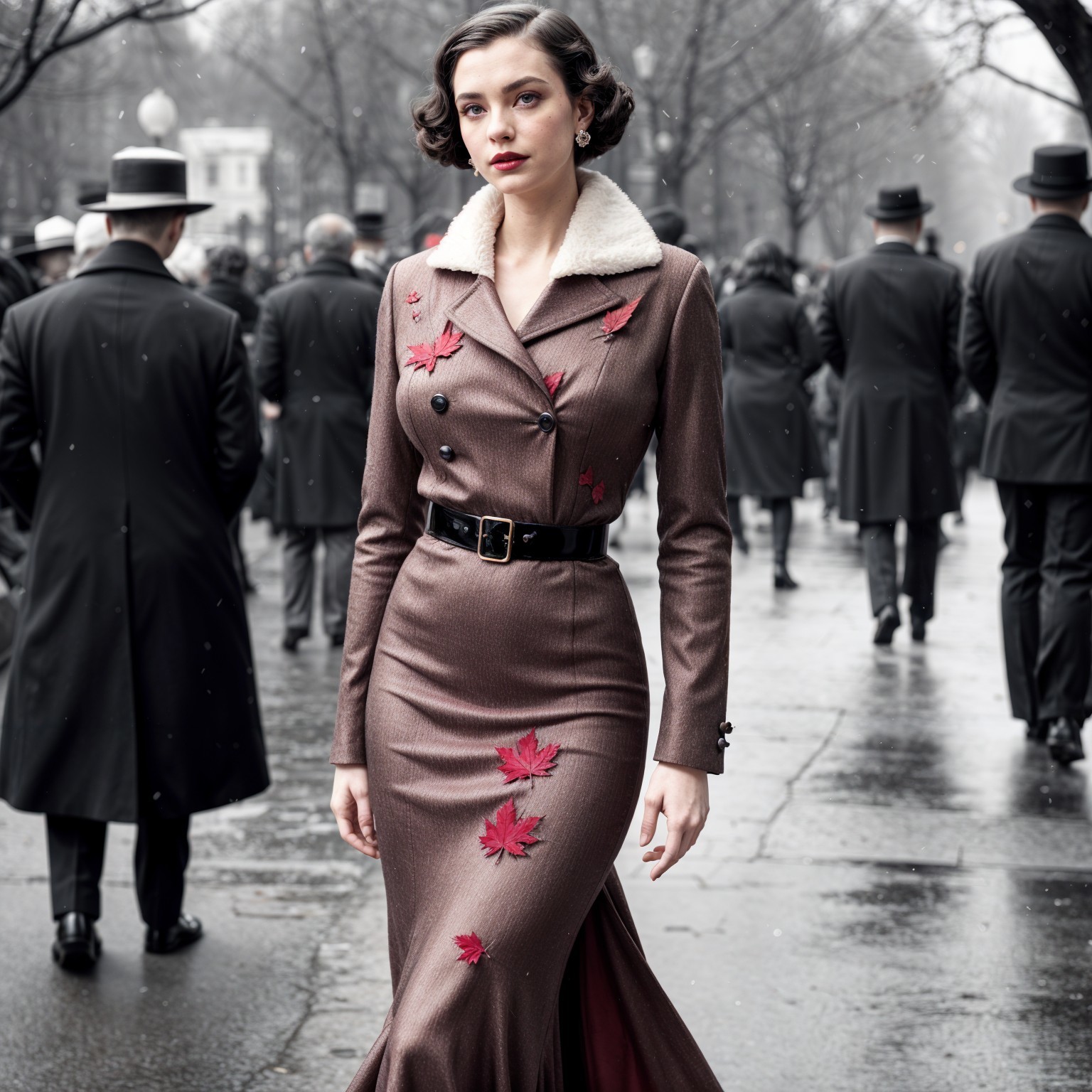 Vintage Fashion Scene with Elegant Woman and Crowd