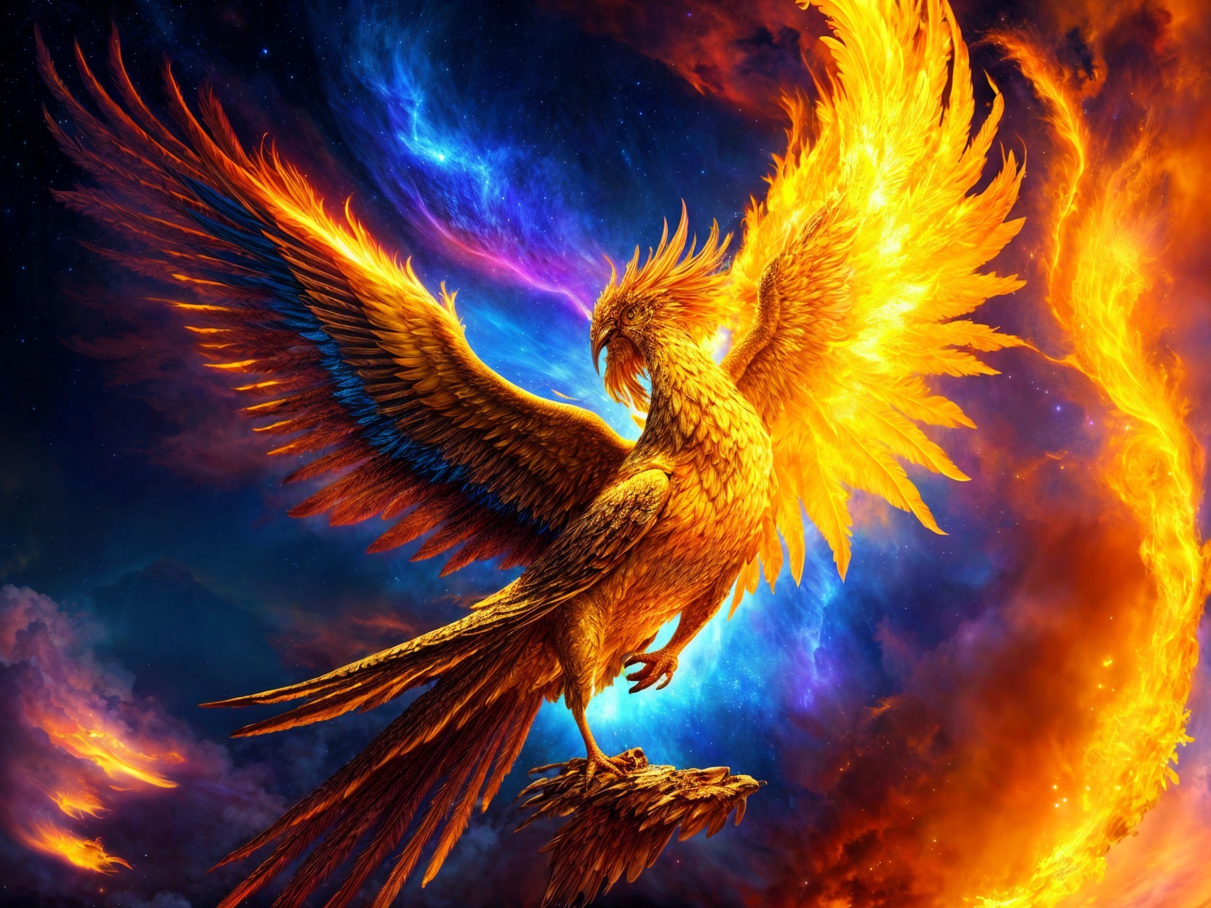 Majestic phoenix in vibrant cosmic colors and flames