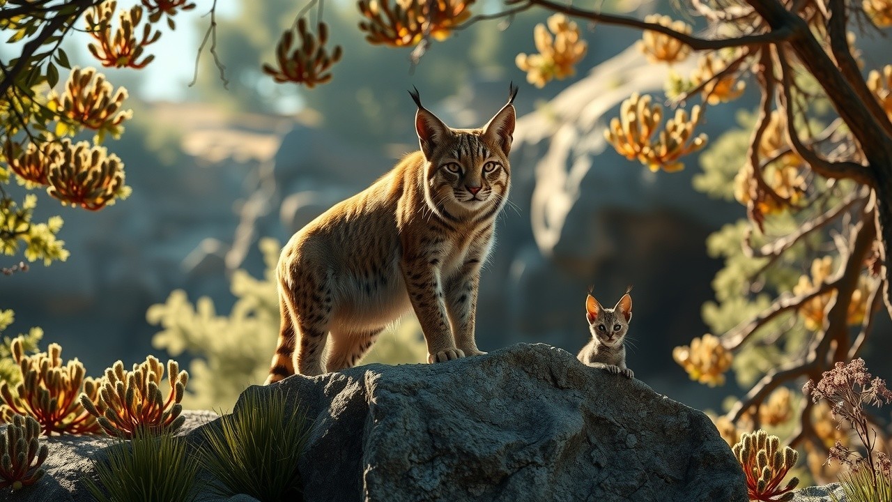 Lynx and Kitten in Serene Natural Setting