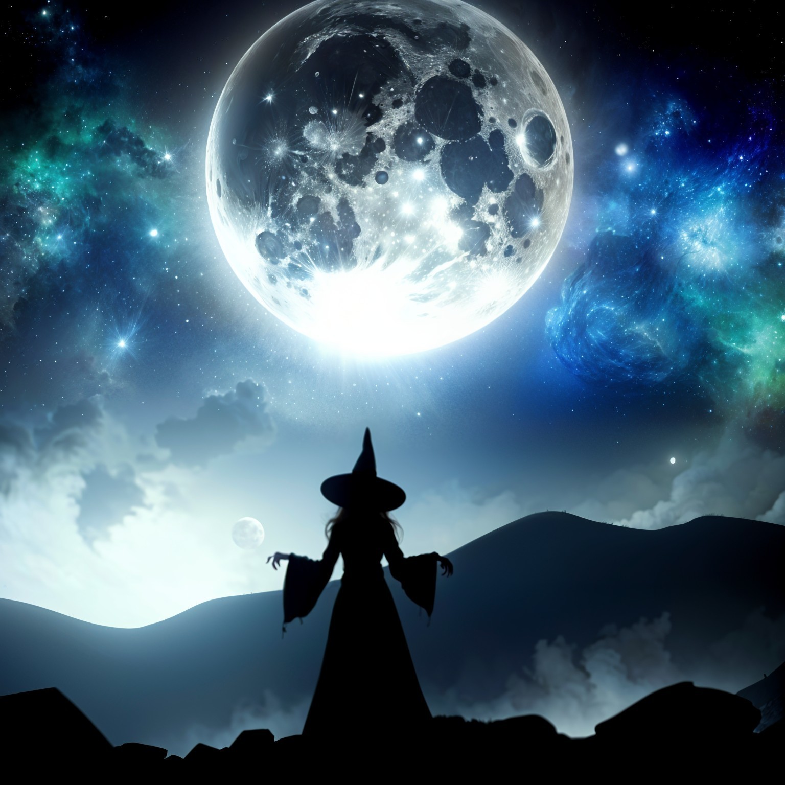 Silhouetted witch against a cosmic night sky