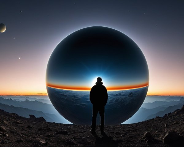 Silhouetted Figure Against Dark Orb and Twilight Sky