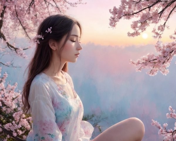 Serene Woman Surrounded by Blooming Cherry Blossoms