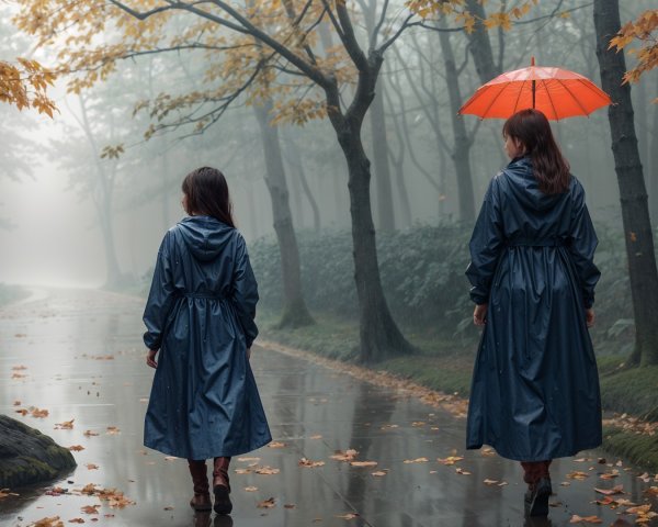 Figures in Blue Raincoats on Misty Autumn Path