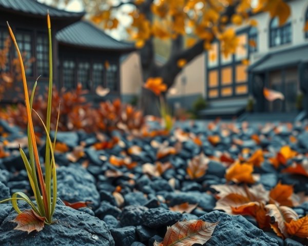 Vibrant Autumn Leaves on Rocky Landscape with Architecture