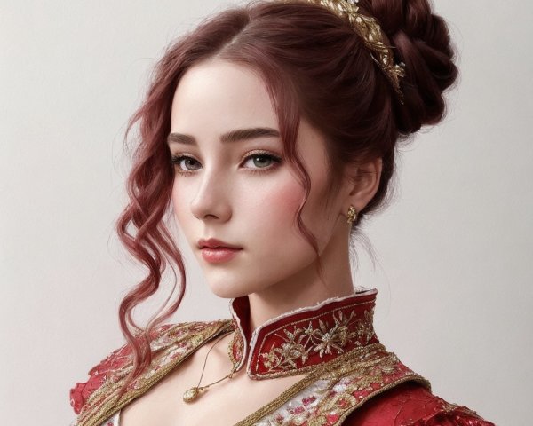 Young woman in red gown with elegant features