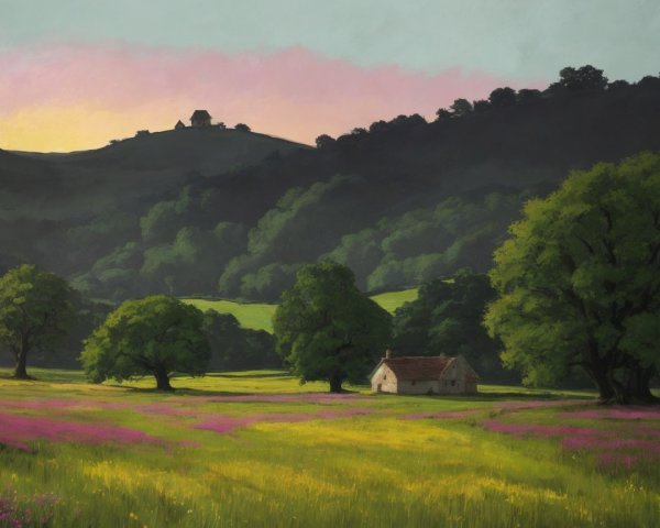 Serene Countryside Landscape with Rolling Hills and Cottage