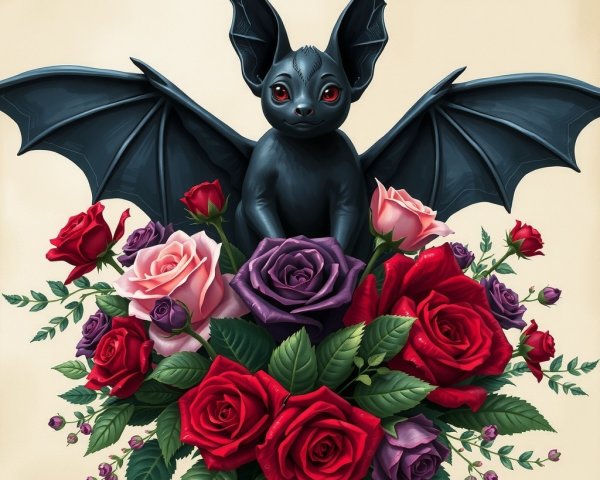Black Bat on Colorful Rose Bouquet Composition