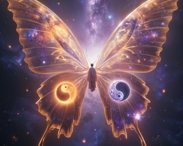 Celestial Butterfly with Yin Yang Symbols in Cosmic Scene