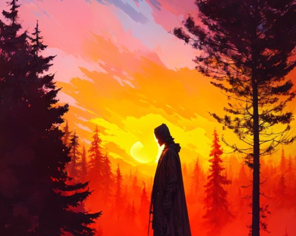 Solitary Figure on Rocky Outcrop at Sunset