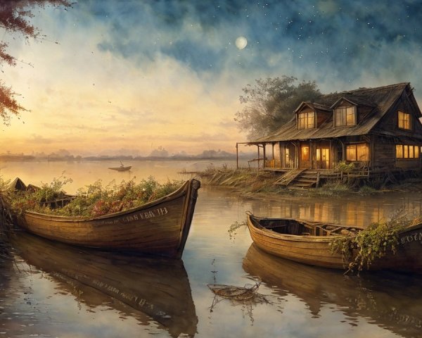 Twilight Waterscape with Boats and Wooden House