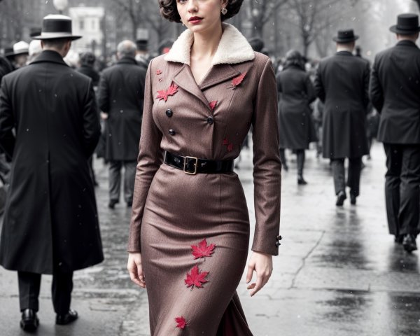 Vintage Fashion Scene with Elegant Woman and Crowd